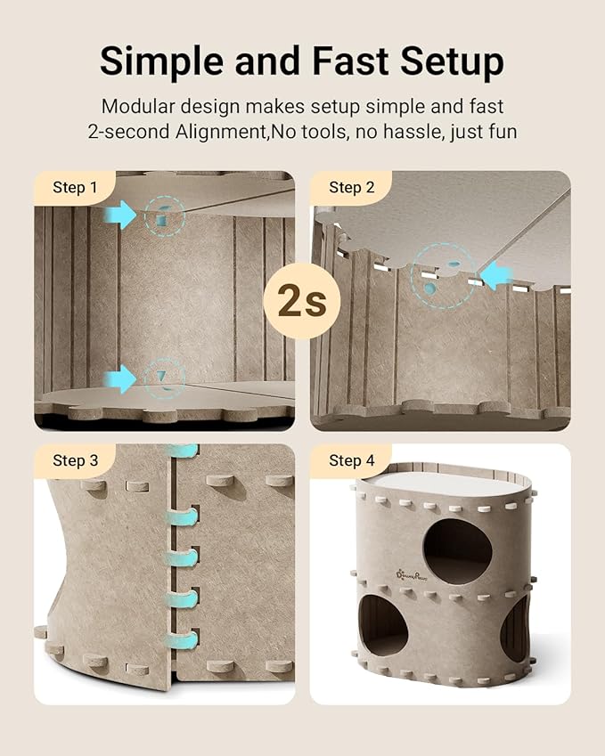 DownyPaws Cat House for Indoor Cats, 2-Storey Foldable Cat Bed Cave, Felt Cats Tunnel Bed Condo, Castle Kitten Cube Hideaway for Multicats, Scratch Resistant, Cream