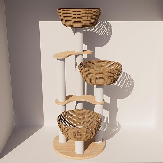 Modern Wood Rattan Cat Tree for Large Cats, Luxury Multi-Level Oak Solid Wood Cat Trees Towers,w/3 Weaving Cat Nests & Washable Cushions, Sisal Scratching Posts, for Indoor Large Cats-No paint/wax oil