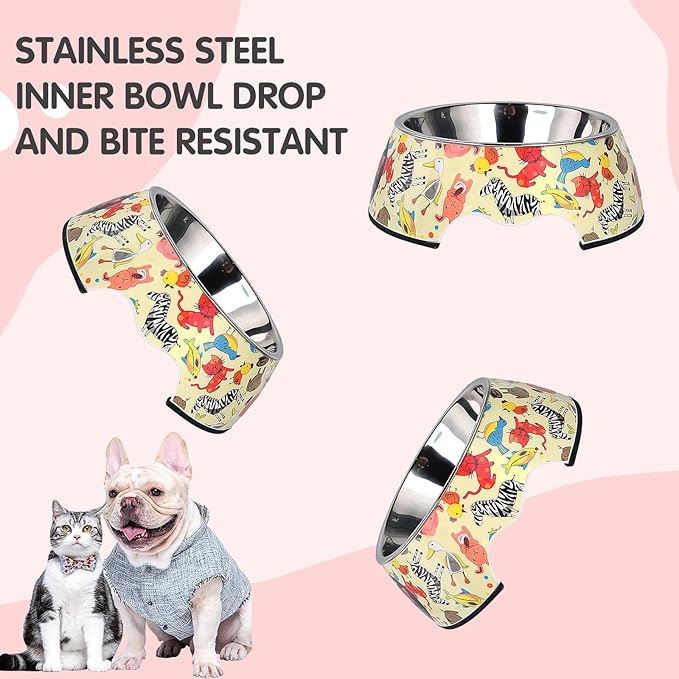 Pet Cats Dogs 2 in 1 Food Water Bowls - Non Slip Skid Proof Heavy Duty Pet Cats Dog Food Water Bowls for Feeding Drinking Small Medium Large Dogs Cats Puppies -Cartoon Animal World-L