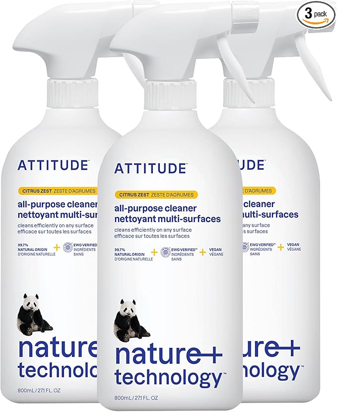 ATTITUDE All Purpose Cleaner Spray, EWG Verified, Vegan, Made with 94% Plant-Based Ingredients, Streak-Free for Kitchen, Bathroom, Glass & More, Citrus Zest, 27.1 Fl Oz (Pack of 3)