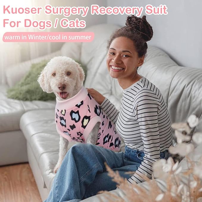Kuoser Dog Recovery Suit for Dogs After Surgery,Professional Surgical Onesie for Female Male Dogs Spay Neuter,Soft Dog Surgery Suit Bodysuit for Abdominal Wounds Skin Disease,Pink Leopard S