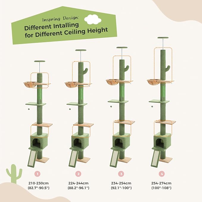 PEQULTI Floor to Ceiling Cat Tree, Tall Cat Tower, Adjustable Height (83''-108'') 5 Levels Climbing Tree for Indoor Cats with Cat Condo, Cozy Hammock and Scratching Post, Green