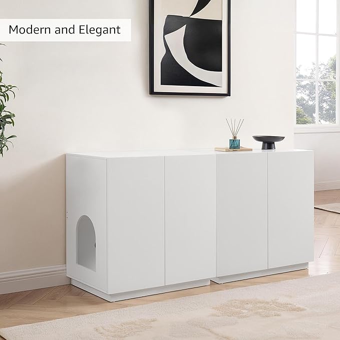 unipaws Tall Cat Litter Box Enclosure with Shelves, Hidden Litter Box Cover for Tall or Top Entry Litter Box, Kitty Enclosed Litter Box Cabinet, Cat Box Furniture, White