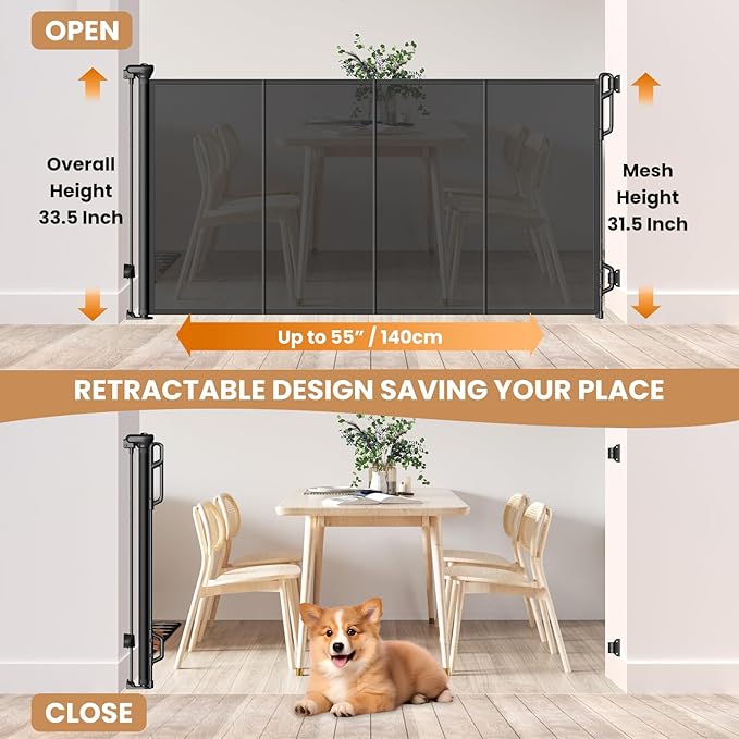 Reinforced Retractable Baby Gate or Mesh Dog Gate,Easy to Use for Stairs, Doorways, Hallways, Indoor, Outdoor, Wide Pet Gate 33.5" Tall, Extends to 55" Wide,Black