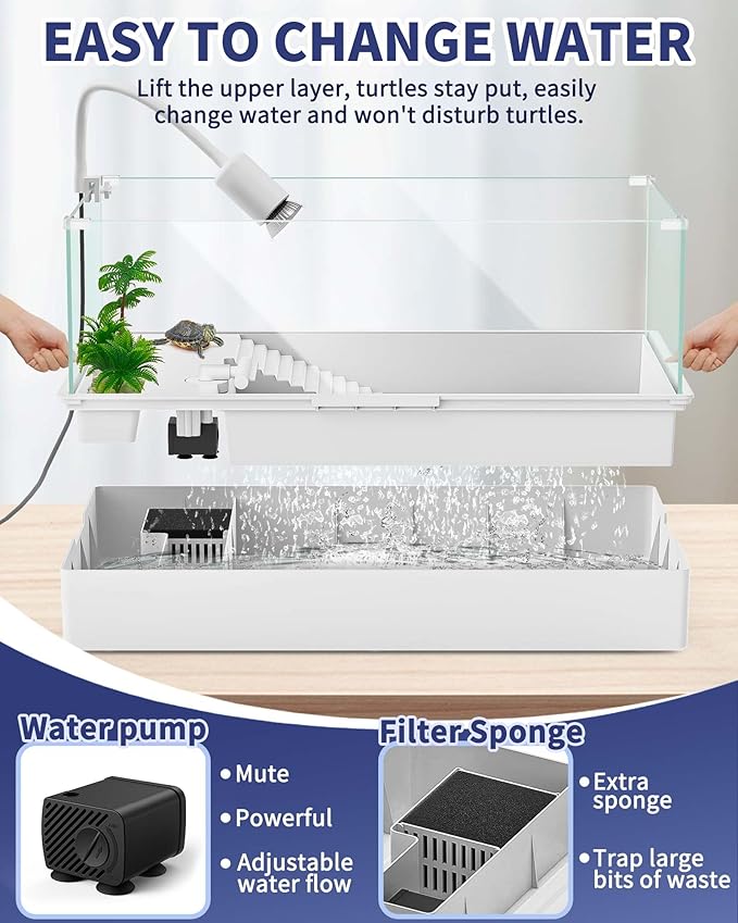 Large Turtle Tank Kit(Tank + Light + Water Pump), Acrylic Turtle Tank Starter Kit with Two Rain Shower Head, Adjustable 5W Water Pump, Higher Fences (Kit-L)