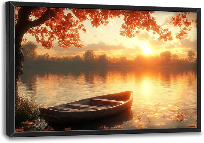 Large Lake Sunrise Landscape Wall Art for Living Room, Nature Boat Canvas Oversized Wall Decor, River Scenery Framed Pictures Painting Print Artwork for Bedroom Office 36"L x 24"W