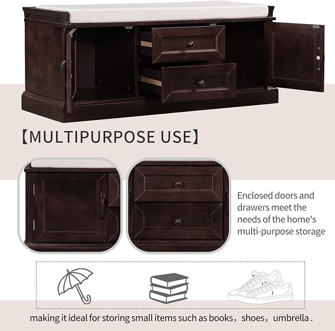 Storage Bench with 2 Drawers and 2 Cabinets, Pine Wood Pine Wood Shoe Bench with Removable Cushion for Living Room, Entryway 42.5" L x 15.9" W x 17.5" H (Espresso)