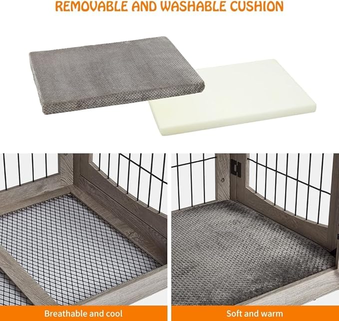 Dog Crate Furniture for Medium Dogs, Wooden Dog Kennel Indoor with Double Doors, Dog Cage with Cushion & Drawers, Dog House Side End Table for Small Medium Dogs up to 45 lb, 31.5โ L, Grey