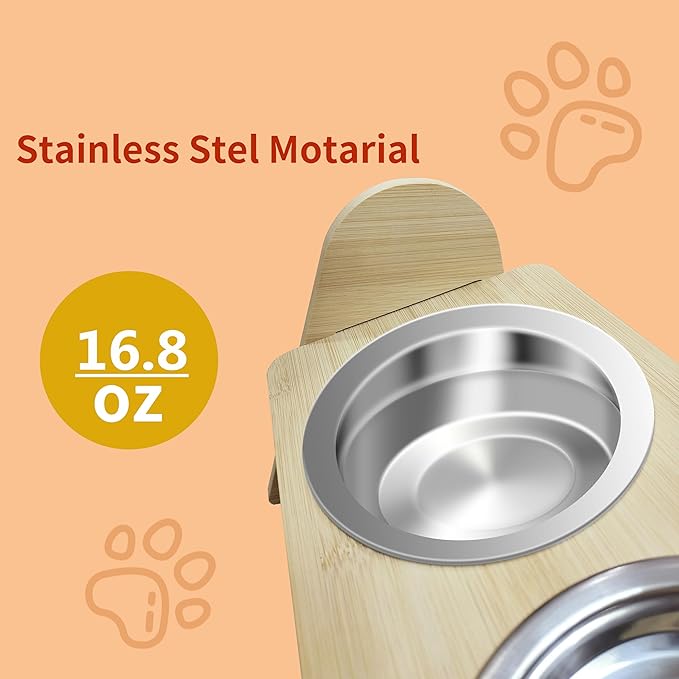Elevated Adjustable Raised Dog Bowls with Stand for Small Size Dogs and Cats, Sturdy Bamboo Dog Feeder with 2 Stainless Steel Bowls (Stainless Steel, for Cats & Dogs)