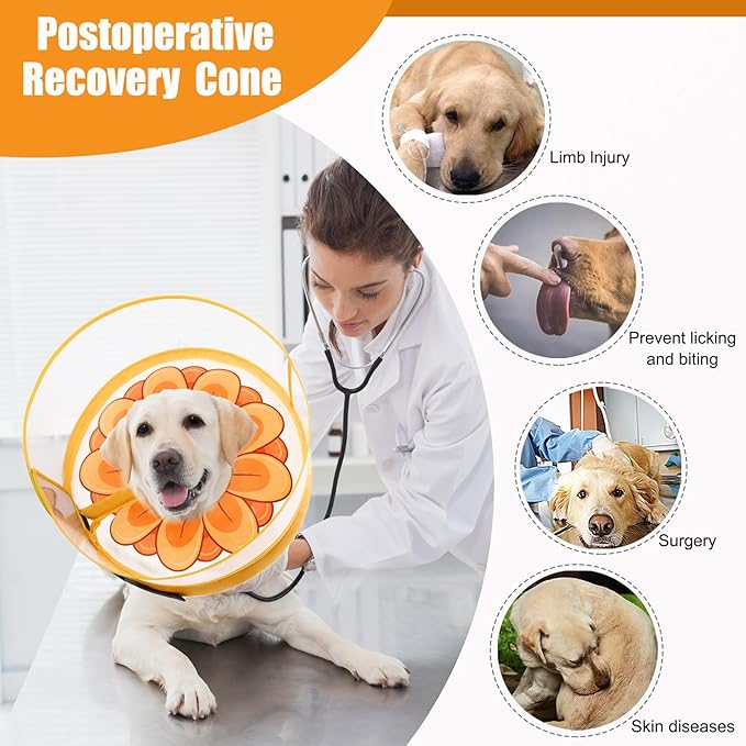 Inflatable Dog Cone Collar with Enhanced Anti-Licking, Soft Neck Donut for Dogs Cats, Recovery Pet Cone Collar After Surgery for Large Medium Small Dogs (Yellow Flower, Medium)