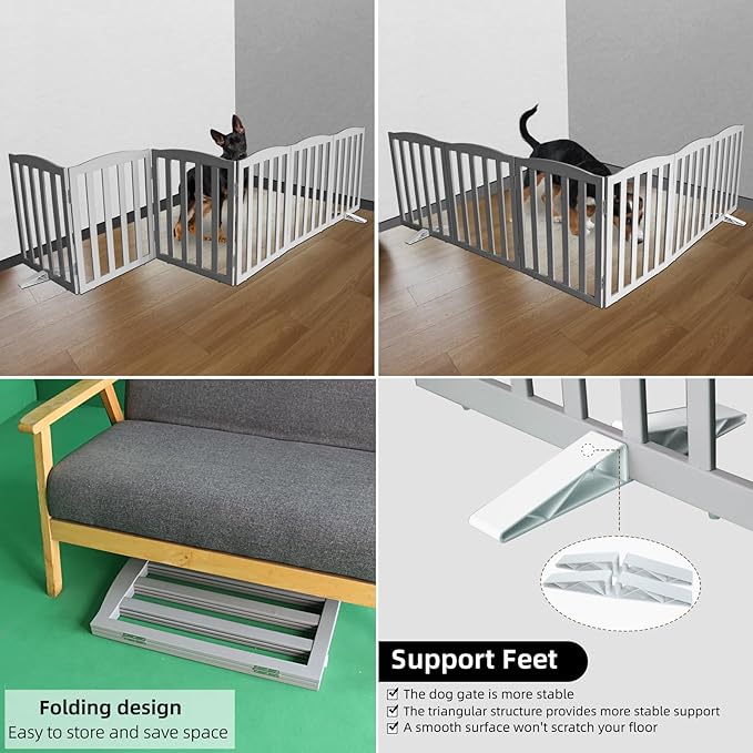 ZJSF Foldable Freestanding Indoor Dog Gate for House Wood Long Pet Gates Dog Fence for Stairs Puppy Gates for Hallways, Puppy Gate,Support Feet Included, Grey, 32 "Height-6 Panels