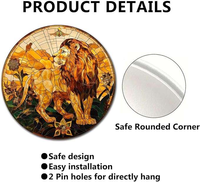 Lygond Metal Sign Tin Sign Circular Stained Glass Lion Greenhouse Decor For Pub 12×12 Inches