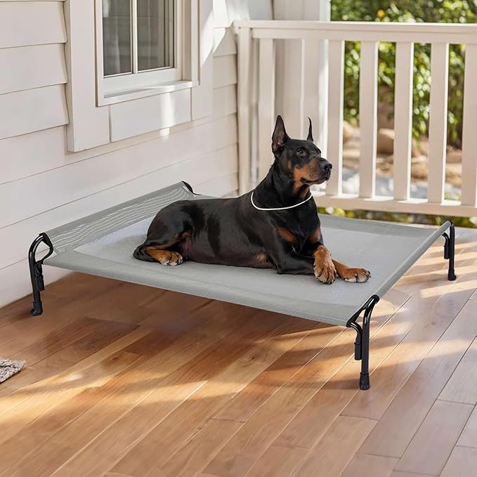 Veehoo XL Outdoor Elevated Dog Bed, Raised Dog Cot for Extra Large Dogs, Cooling Washable Waterproof Pet Hammock Beds with Slope Headrest, Breathable Mesh and Sturdy Frame, X-Large, Grey, CWC2204
