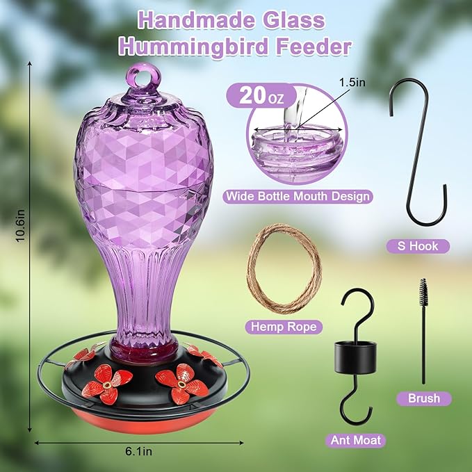 Hand Blown Glass Hummingbird Feeder for Outdoors Hanging with Ant Moat, Never Fade, 20 Ounces, Leak-Proof, Garden Backyard Decor for Bird Watching, for Mom Dad, Purple