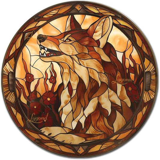 Lygond Metal Sign Tin Sign Circular Stained Glass Coyote Bar Signs for Home Decor for Club 12×12 Inches