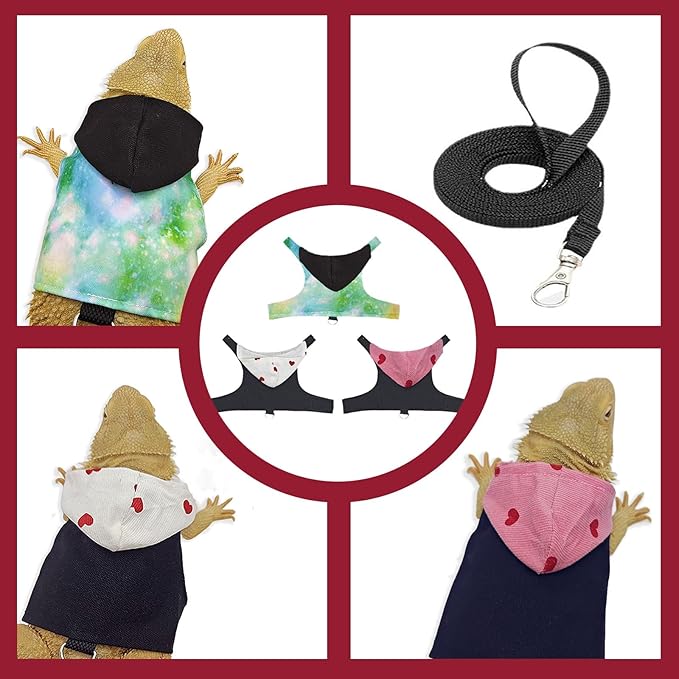 Bearded Dragon Lizard Hoodie Leash Suit Reptile pet Outdoor Chest Harness Chameleon Squirrel Leash Hooded Clothes Suitable for Bearded Dragon Lizard Reptiles(Red hat)