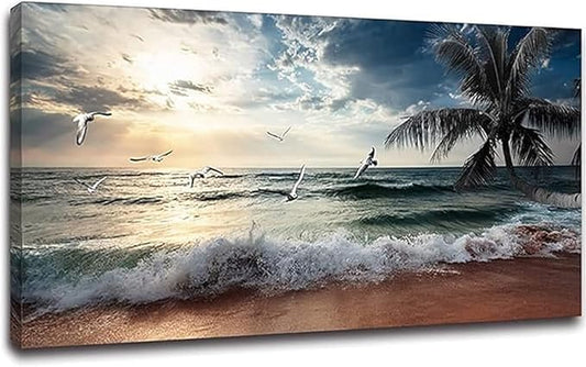 Yxbhhym Large Beach Ocean Canvas Wall Art Coast Sunset Sea Paintings Poster Seascape Picture Palm Artwork for Living Room Bedroom Home Decorations Wall Room Decor Modern Framed 24x48inches