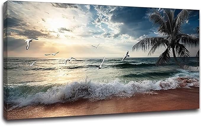 Yxbhhym Beach Wall Art Picture for Living Room Ocean Sunset Canvas Wall Decor Paintings Sea Poster Seascape Print Art Palm Artwork for Wall Art Bedroom Office Decoration Framed- 20x40inches