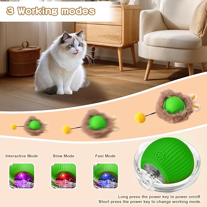 Rocfish Interactive Cat Toys Ball - Automatic Fast Rolling Ball in Play Mat, Hide and Seek Mouse Catching Game, Low-Noise Cat Enrichment Toys in Pouch for Indoor Bored Cats (Green Toy & Round Mat)