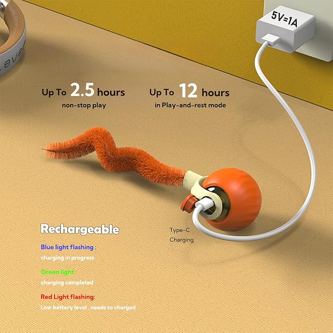 Interactive Cat Toy Ball | Automatic Moving Smart Anti-Depression Pet Toy with Light | Speedy Tail 3.0 Cat Mouse Toy | Electric Rechargeable Enrichment Toy for Indoor Bored Cats & Dogs (Orange)