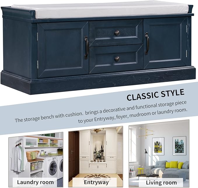 Storage Bench with 2 Drawers and 2 Cabinets, Pine Wood Shoe Bench with Removable Cushion for Living Room, Entryway 42.5" L x 15.9" W x 17.5" H (Antique Navy)