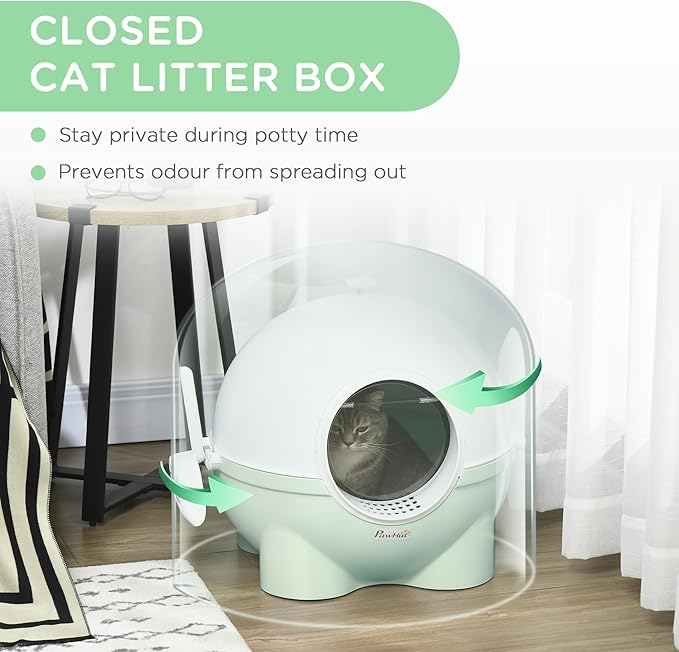 PawHut Hooded Cat Litter Box, Large Kitty Litter Pan with Lid, Scoop, Leaking Sand Pedal, Top Handle, Light Green