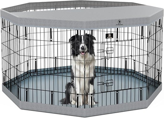 PJYuCien Dog Playpen, 8 Panels 30”H Dog Playpen Indoor with Grey Bottom Pad and Top Cover, Metal Foldable Dog Pen for Indoor Use, Better for Small Medium Animals, Grey
