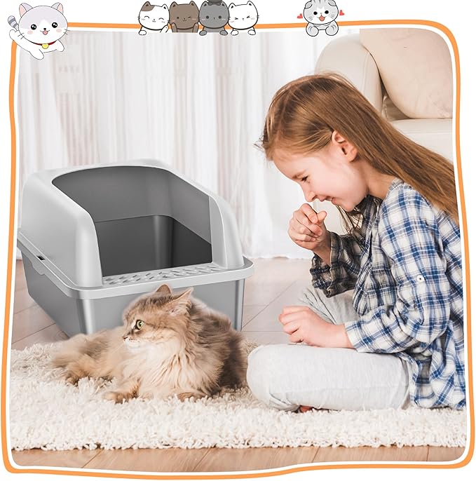 2 Pack Stainless Steel Litter Box witn High Sides, Extra Large cat Litter Box with Lid, Metal Litter Boxes for Multiple Cats, Anti-Leakage,Non-Stick, Easy to Clean, Included Cat Litter Mat, Scoop