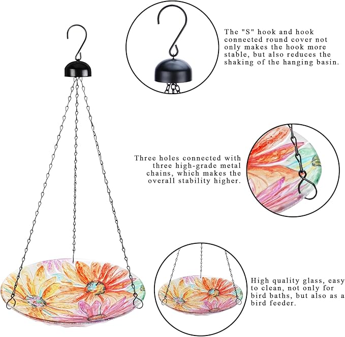 VCUTEKA Hanging Bird Bath, Glass Bird Baths for Outdoors Birdfeeder with 21 inch Rust-Proof Chain for Garden Yard Decor, Flower