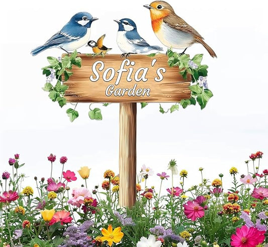 Personalized Colorful Bird Metal Sign with Stake,Custom Gardener Last Name Signs Outdoor Decorate,Customized Garden Accessories Decor for Mother,Birds on the Branch Plaques for Patio Lawn Porch Yard