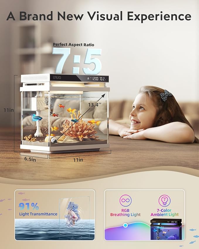 Fish Tank Smart Aquarium Kit: URUQ 2 Gallon Self Cleaning Multi-Layer Filtration System Silent Pump - UHD Glass 7-Color Lighting Temperature Monitoring - Fragrance Diffuser Humidifier White