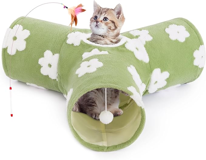 Tempcore Flannel Pet Cat Tunnel Tube Cat Toys 3 Way Collapsible, Cat Tunnels for Indoor Cats,Kitty Tunnel Bored Pet Toys Peek Hole Toy Ball Puppy, Kitty, Kitten, Rabbit Daisy Green