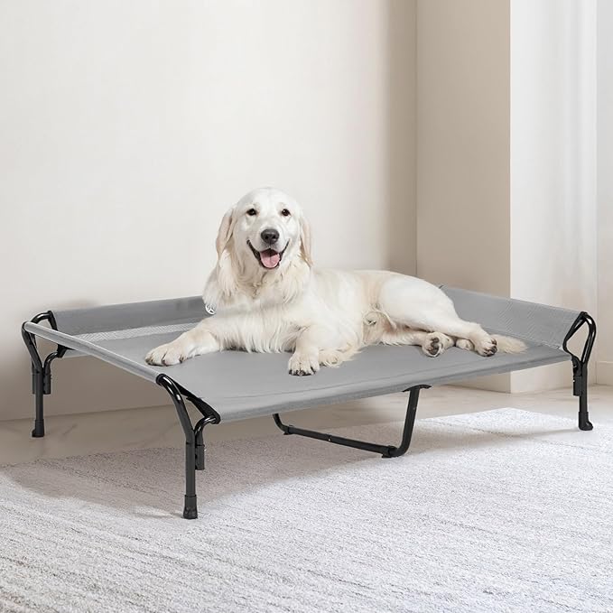 Veehoo Cooling Elevated Dog Bed, XL Raised Pet Cot with Guardrail & Slope Headrest, Durable Breathable Teslin Mesh, Non-Slip Feet, Washable Dog Couch Bed for Indoor & Outdoor, 50.5" x 33.5, Gray