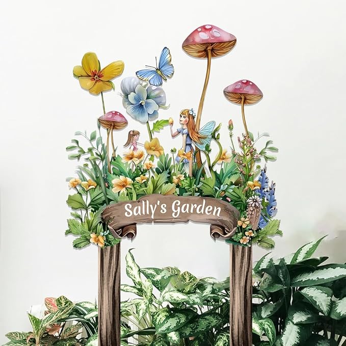 Personalized Cute Fairy Metal Sign with Stake,Custom Gardener Family Name Signs Outdoor Decor,Customized Butterfly Gardening Gifts for Mother,Flowers Plaques Decorate for Garden Patio Lawn Porch Yard
