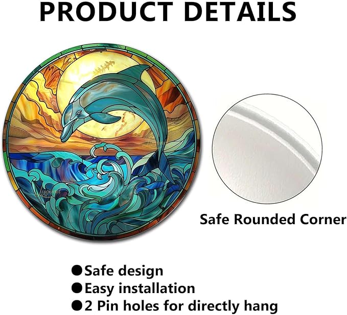 Lygond Metal Sign Tin Sign Circular Stained Glass Dolphin Funny Gardening Gift for Gift 8×8 Inches