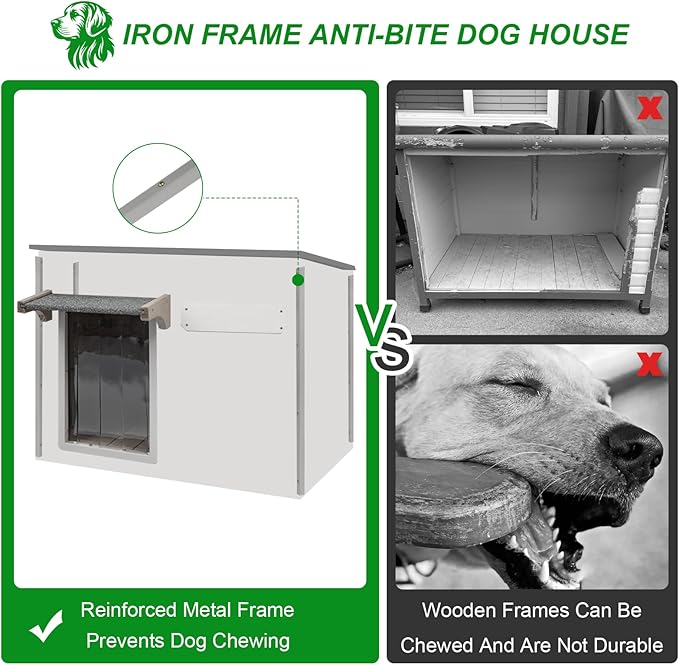 Dog House Outdoor Weatherproof & Wooden Dog Kennel with Chew-Proof Iron Frame,Removable Floor, Adjustable Vent Window, Easy Assembly for Large and Medium Dogs 43.3" D x 29.5" W x 33.5" H