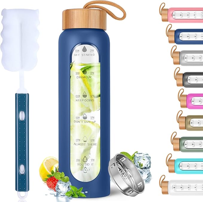 Aqulea Glass Water Bottles 25 Oz with Silicone Sleeve - BPA Free Reusable Wide Mouth Glass Motivational Water Bottles with Fruit Infuser – Leak Proof Borosilicate Water Bottle with Time Marker (Blue)