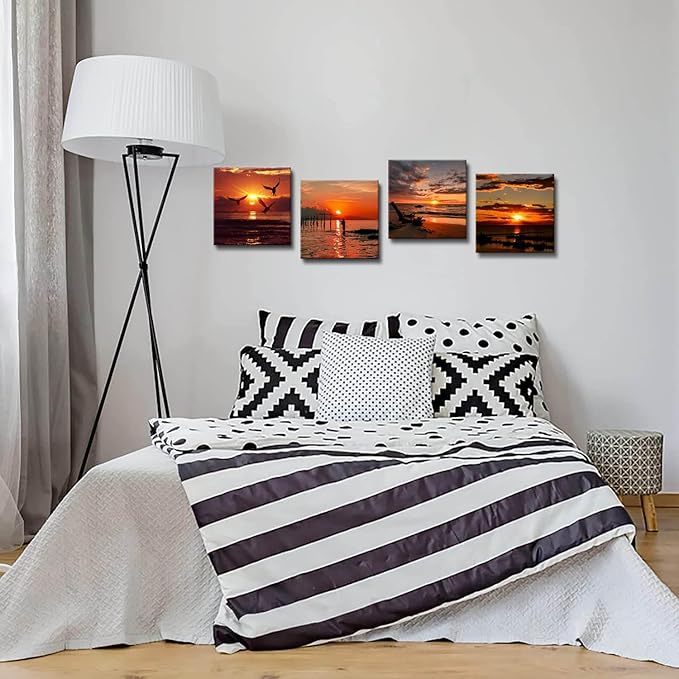 Yxbhhym-Black and Red Ocean Wall Art Beach Pictures Sea Sunset Wall Art Sunrise canvas prints photos Seascape poster painting Framed wall decor Bedroom Living Room Decor Bathroom Accessories