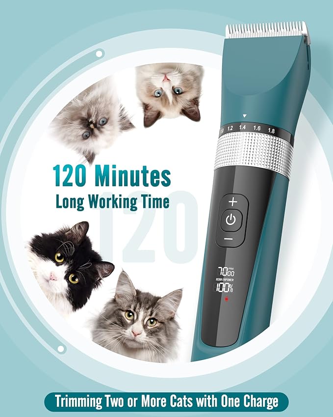 oneisall Cat Clippers for Matted Hair, 5-Speed Quiet Cat Grooming kit, Cordless Pet Shaver for Long Hair,Waterproof Pet Hair Trimmer, Pet Clippers for Cats(Green)