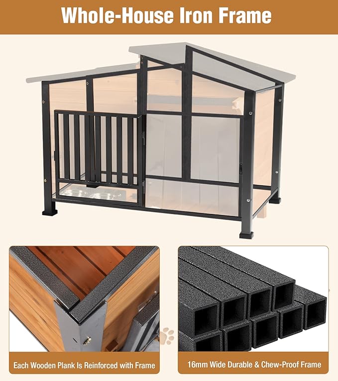 GUTINNEEN Dog House Outdoor with Anti-Chewing Metal Frame, Wooden Dog Kennel with 360Β° Rotating Feeding Bowl, Weatherproof Roof, for Indoor & Outdoor Use - Natural Wood Color