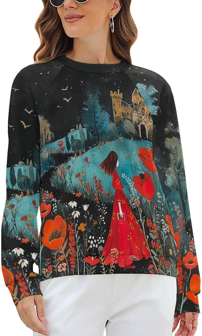 Long Sleeve Shirts for Women Cat Oil Painting Shirt 3D Graphic Sweatshirts Fall Pullover Crewneck Vintage Boho Tops