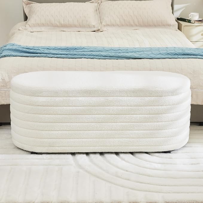 Storage Teddy Ottoman Bench Upholstered Fabric Storage Bench End of Bed Stool with Safety Hinge for Bedroom, Living Room, Entryway, Closet(44.5", White)