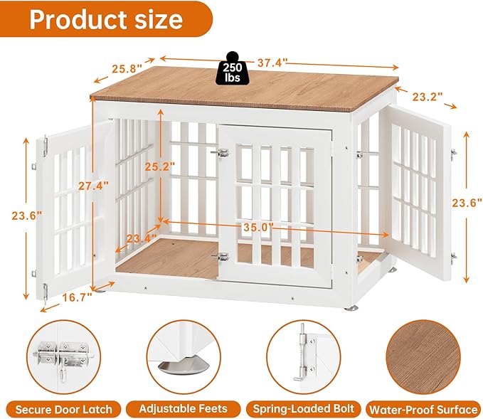 38" Heavy Duty Dog Crate Furniture for Small,Medium and Large Dogs,Rustic Wooden Dog Cage Kennel Indoor Furniture with Waterproof Top,Decorative Pet House Side End Table (White & Wood)