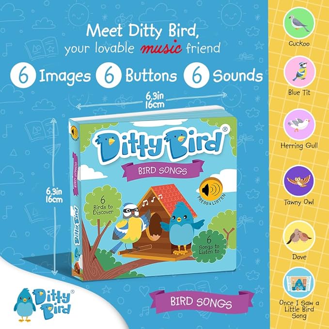 Ditty Bird Animal Sounds Book for Toddlers โ Interactive Book Featuring Cuckoo, Blue Tit, Herring Gull, Tawny Owl & Dove Sounds | Musical Board Book for Ages 1-3 | Perfect Educational Gift for Toddler