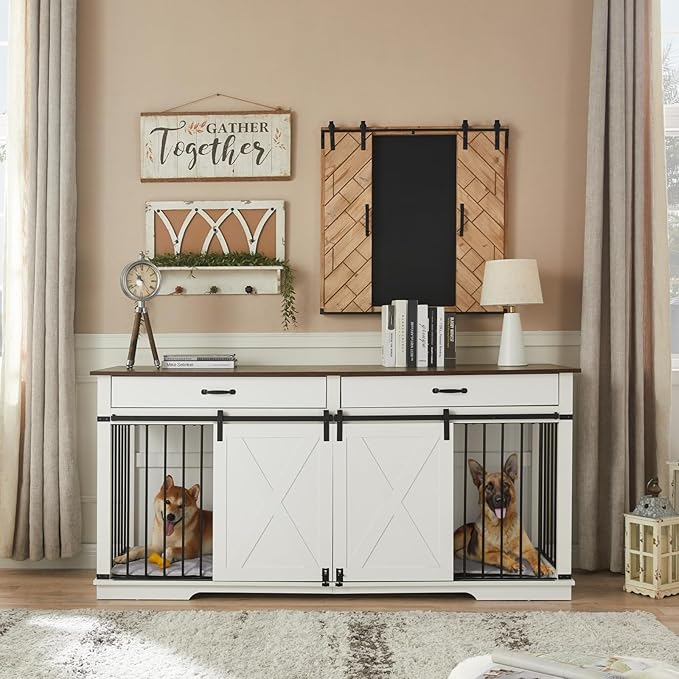 EDYO LIVING 72.5" Large Dog Crate Furniture for 2 Dogs, Wooden Dog Kennel with Drawers, Divider, Sliding Barn Door, Water Resistant Indoor Furniture Style Double Dog Crates, White