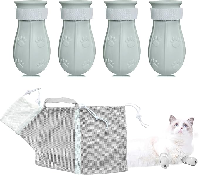 Anti-Scratch Silicone cat Shoes,Cat Claw Covers,Adjustable Multifunctional Anti-Bite Shower net Bag,Cat Grooming Mesh Bag,Cat Bathing Bag(Grey-2)