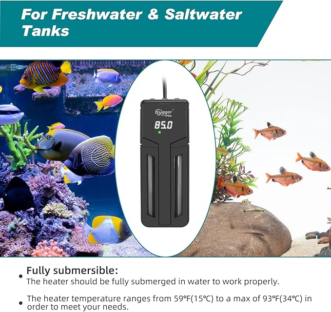 hygger Aquarium Heater,500W/800W/1200W Submersible Fish Tank Water Heater Double Quartz Explosion-Proof with for Freshwater Saltwater Tank