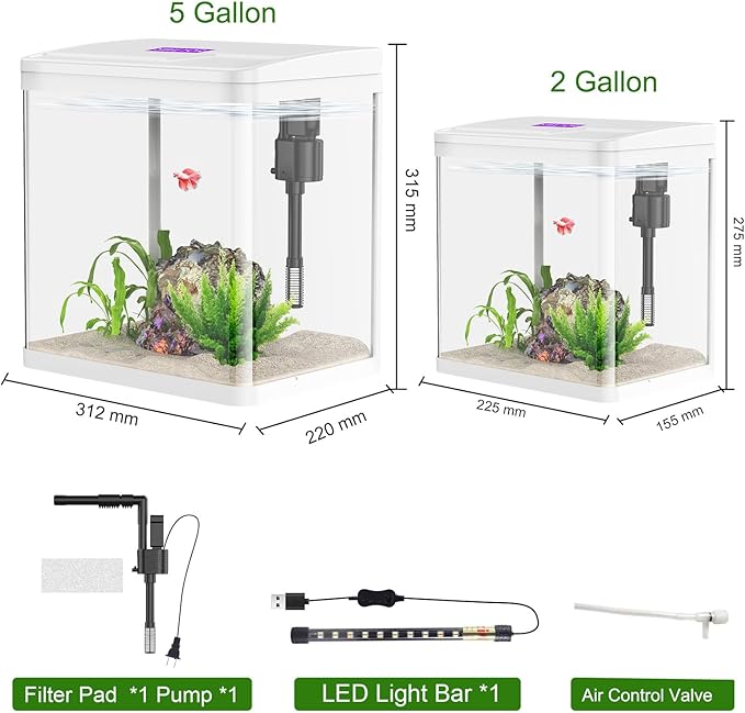 2 Gallon Glass Betta Fish Tank,Small Fish Tank with Filter and Light,Self-Cleaning Fish Tank.