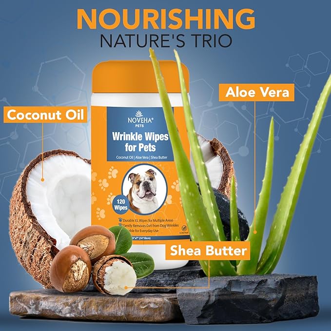 NOVEHA 5βx7β Large Dog Wipes | Wipes for Bulldog, French Bulldog, Pug, English Bulldog | Deodorizing, for Multiple Areas Removes Dirt, Wrinkles, Folds, Tear Stain, Tail Pockets & Paws (120 Counts)