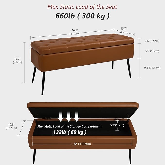 Leather Storage Ottoman Bench,End of Bed Bench for Living Room Bedroom Dinning Room Entryway,Mid-Century Modern,Faux Leather,with Steel Legs,Safety Hinges, Loads 660 lb (with Button, Brown)